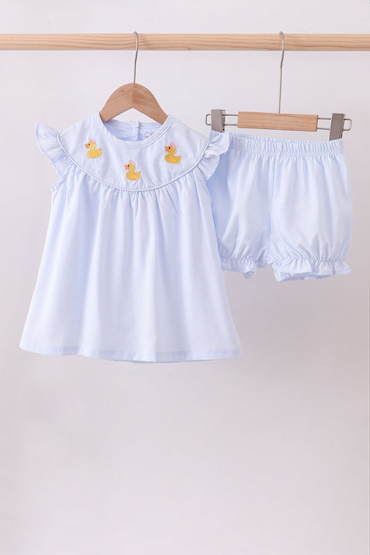 Blue duck embroidery stripe ruffle girl set