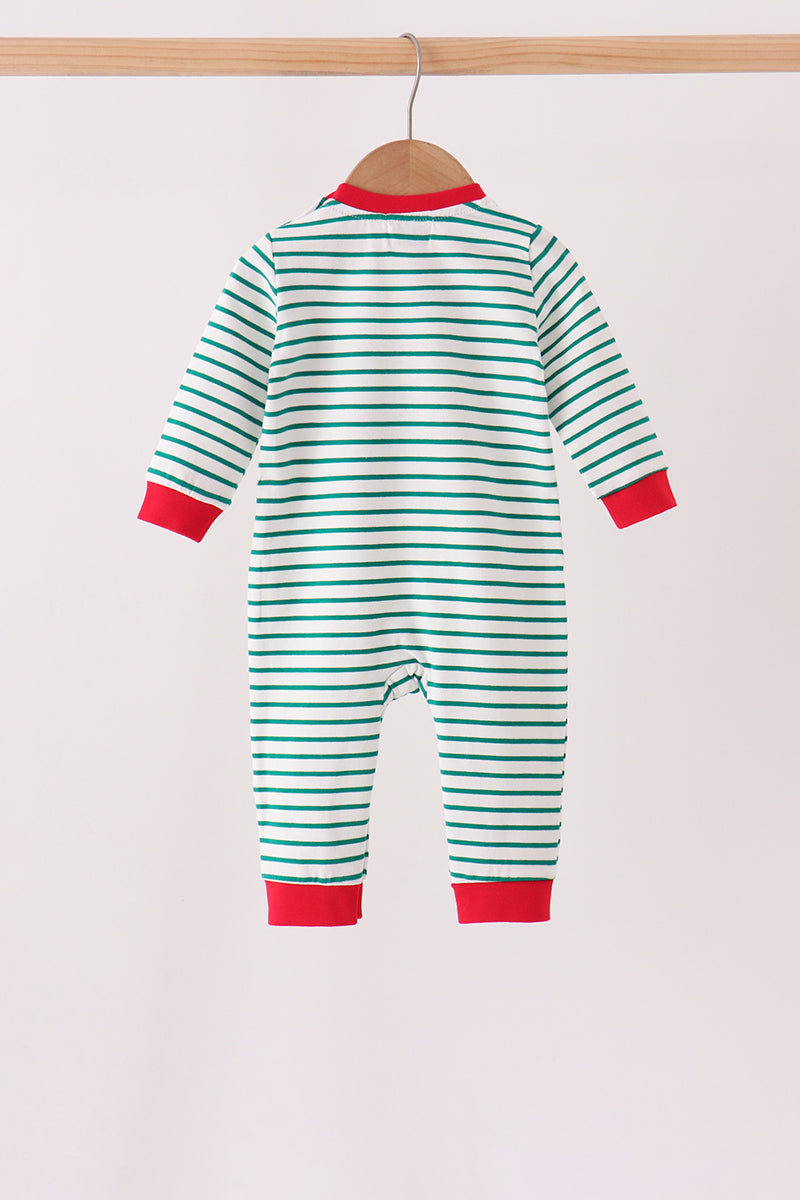Green stripe gingerbread embroidery romper