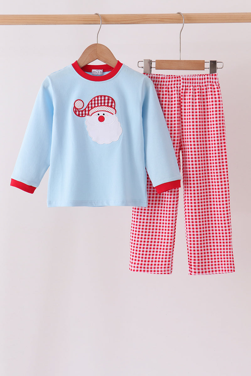 Blue santa claus embroidery gingham pants set