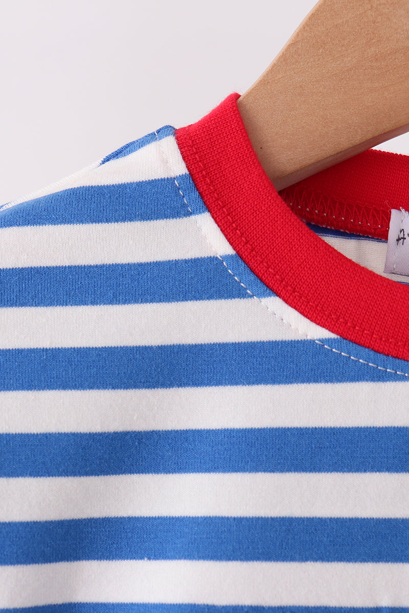 Blue stripe gingerbread embroidery top