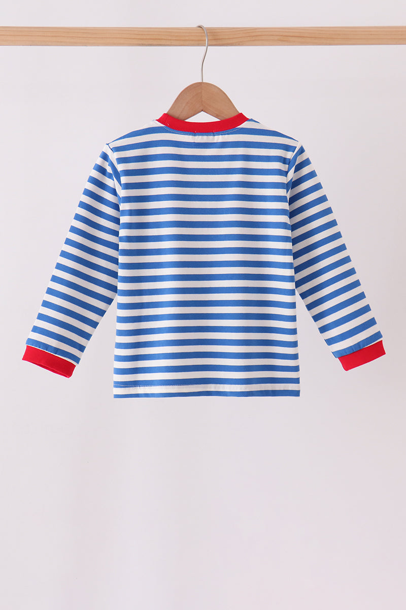 Blue stripe gingerbread embroidery top