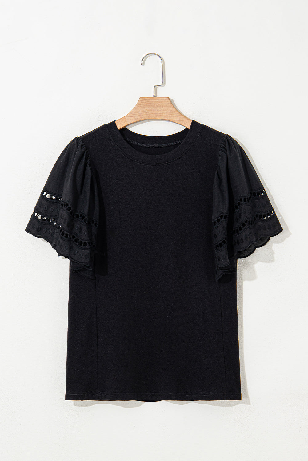 Black Hollow Out Embroidered Short Sleeve O Neck Top