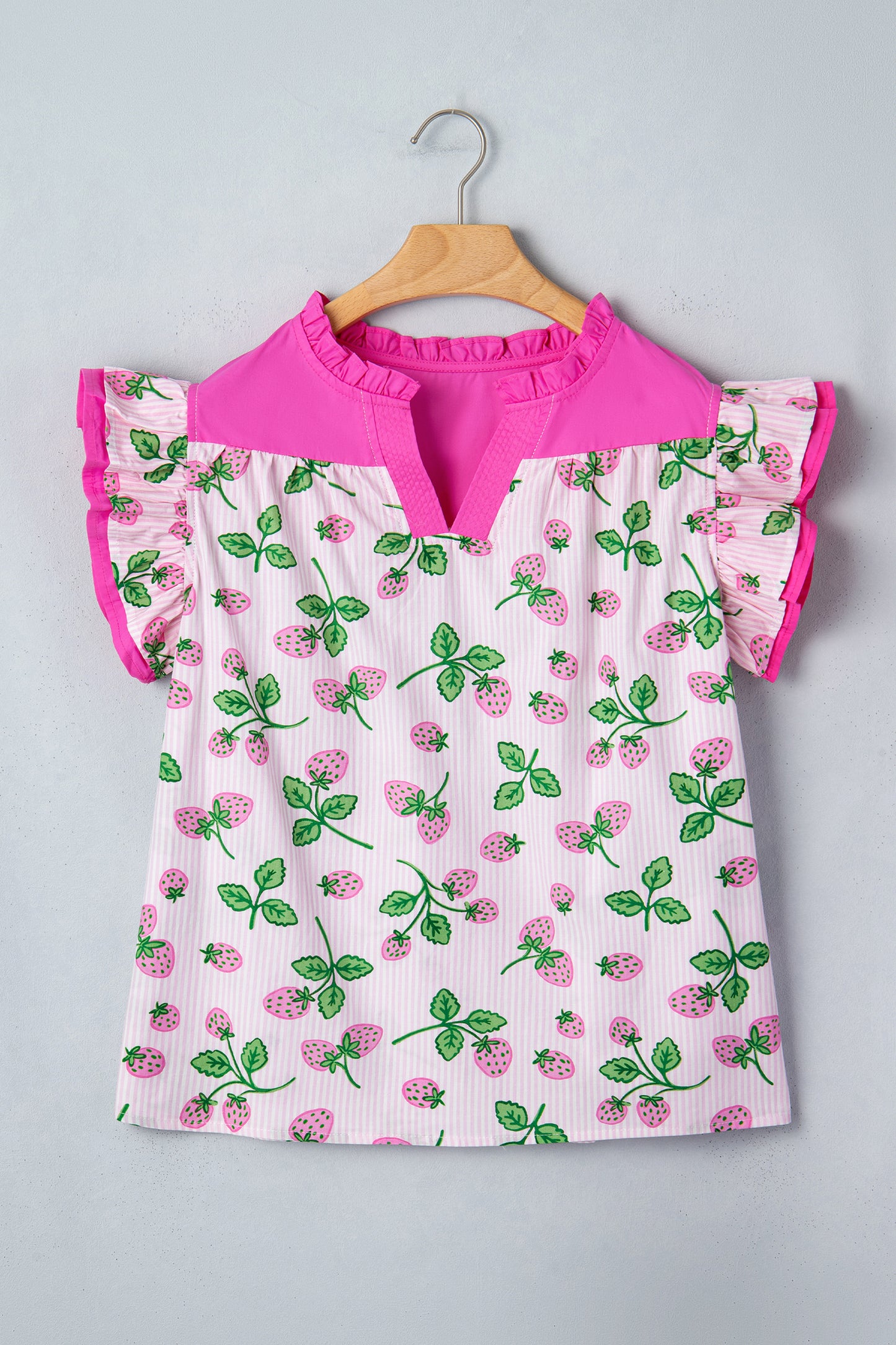 Pink Striped Strawberry Printed Color Block Patchwork V Neck Flutter Sleeve Blouse