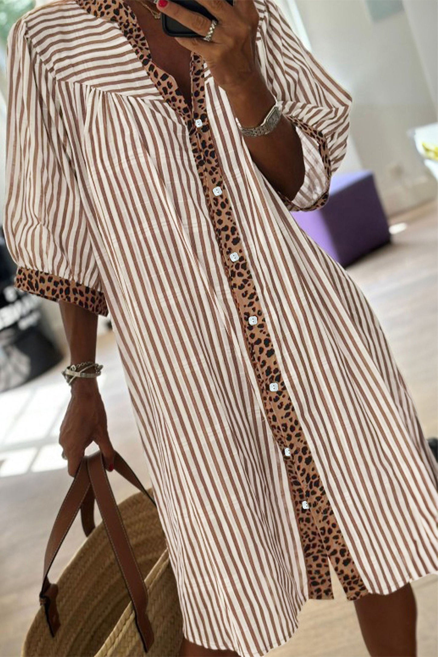 Khaki Stripe Square Button Leopard Trim Loose Bracelet Sleeve Shirt Dress