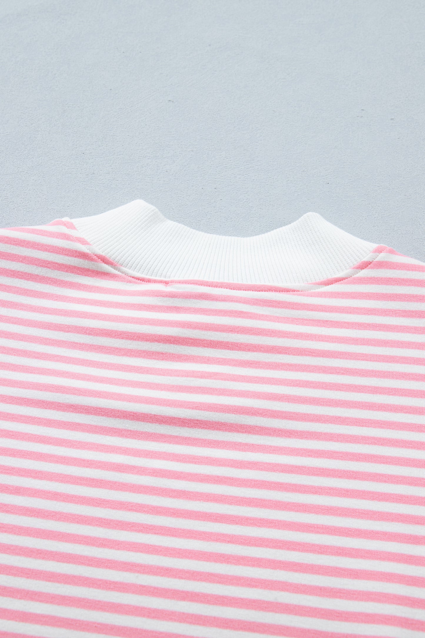 Pink Stripe Cuffed Sleeve Contrast Mock Neck Tee Casual 2pcs Short Set