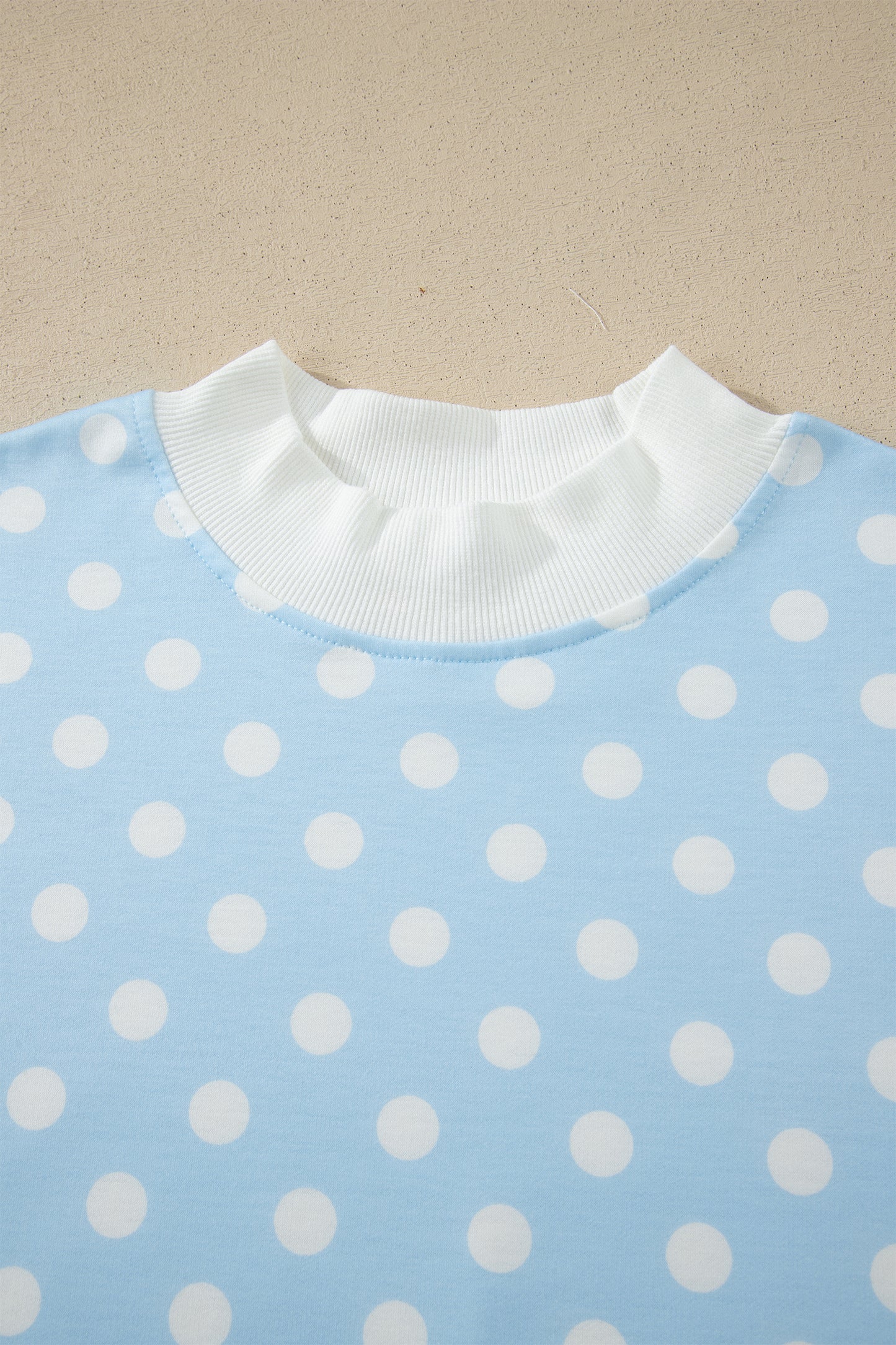 Sky Blue Polka Dot Print Color Block Trim Mock Neck Short Set
