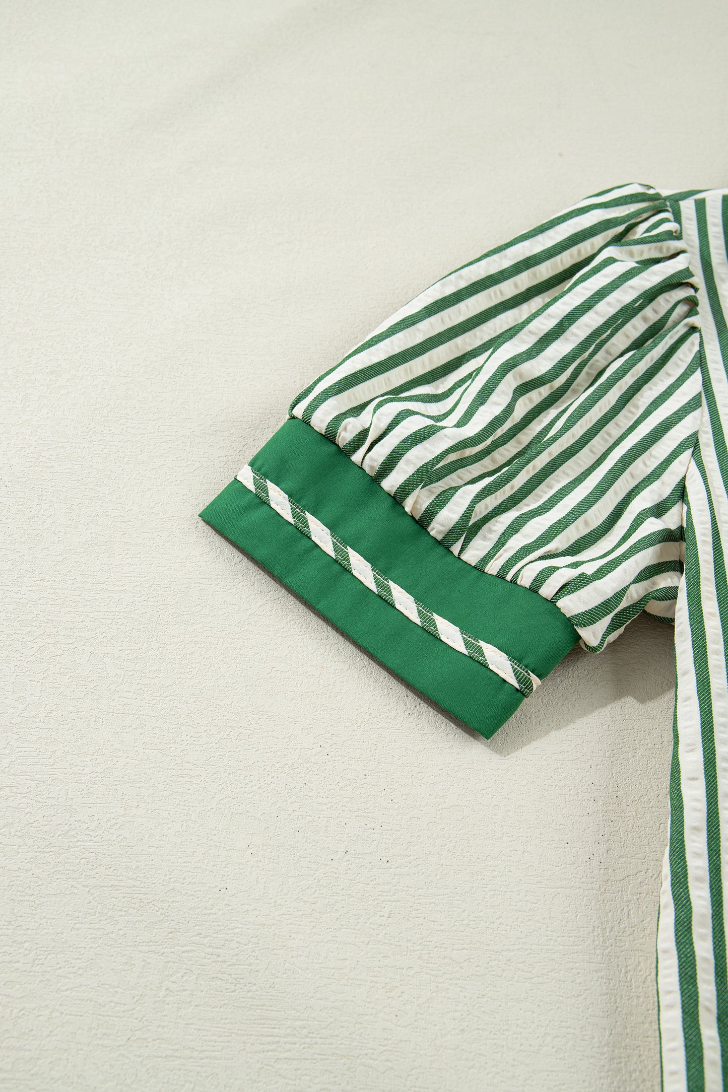 Green Stripe Collared Split Neck Short Bubble Sleeve Blouse