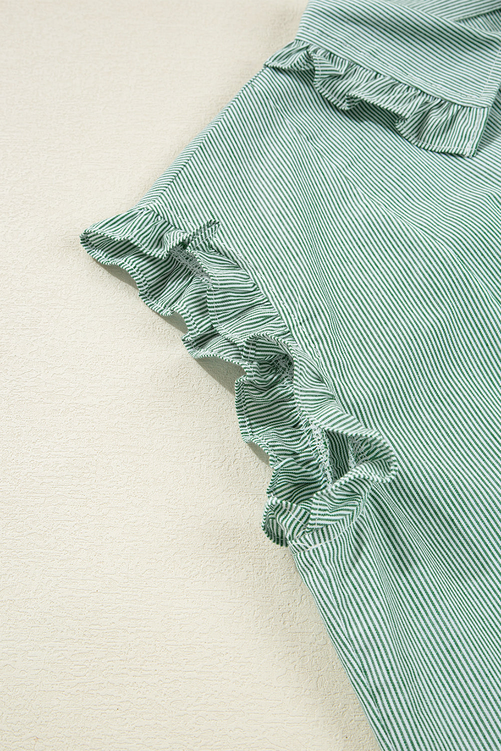 Green Stripe Frilled Sleeveless Collar Front Pocket Button Up Mini Dress