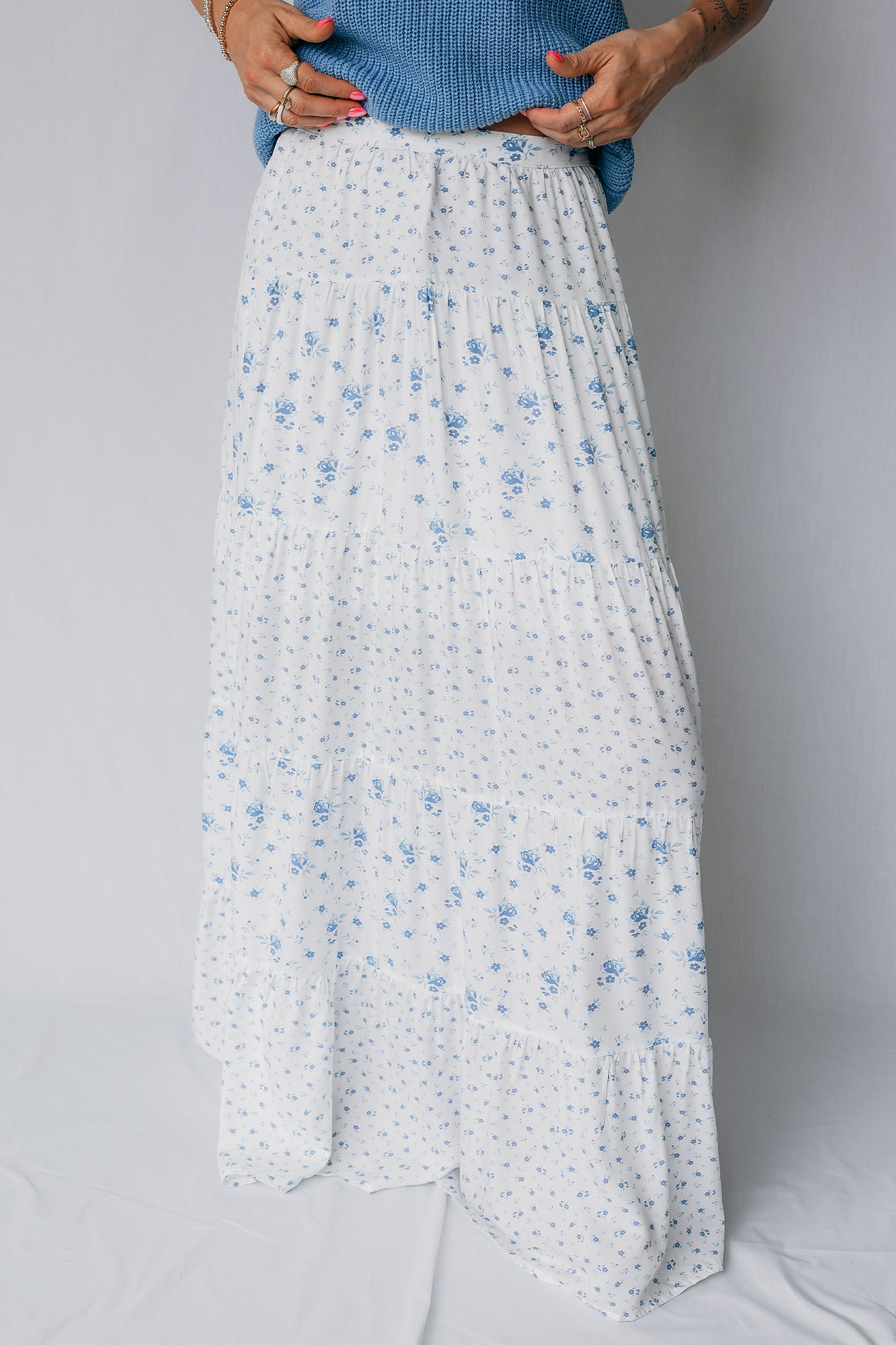 Sky Blue High Waist Tiny Floral Print Boho Maxi Skirt