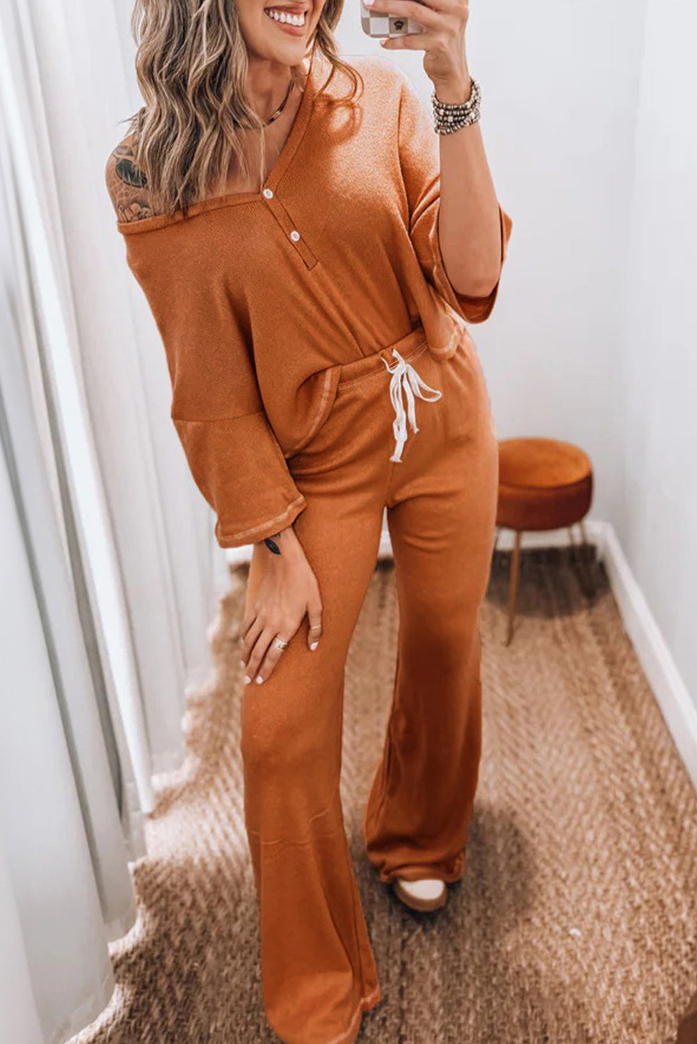 Orange Contrast Stitching Buttoned V Neck Half Sleeve Top and Drawstring Flare Pants Set