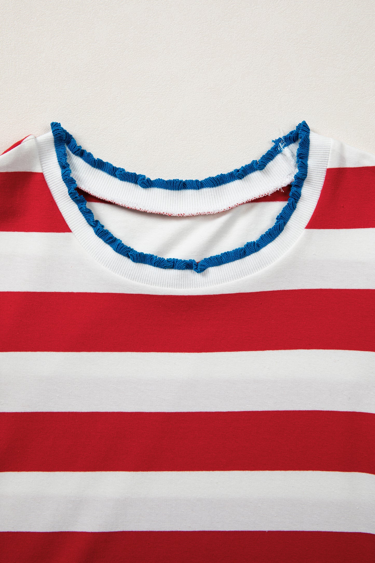 Red Stripe Contrast Trim Round Neck Short Puff Sleeve Shift Mini Dress