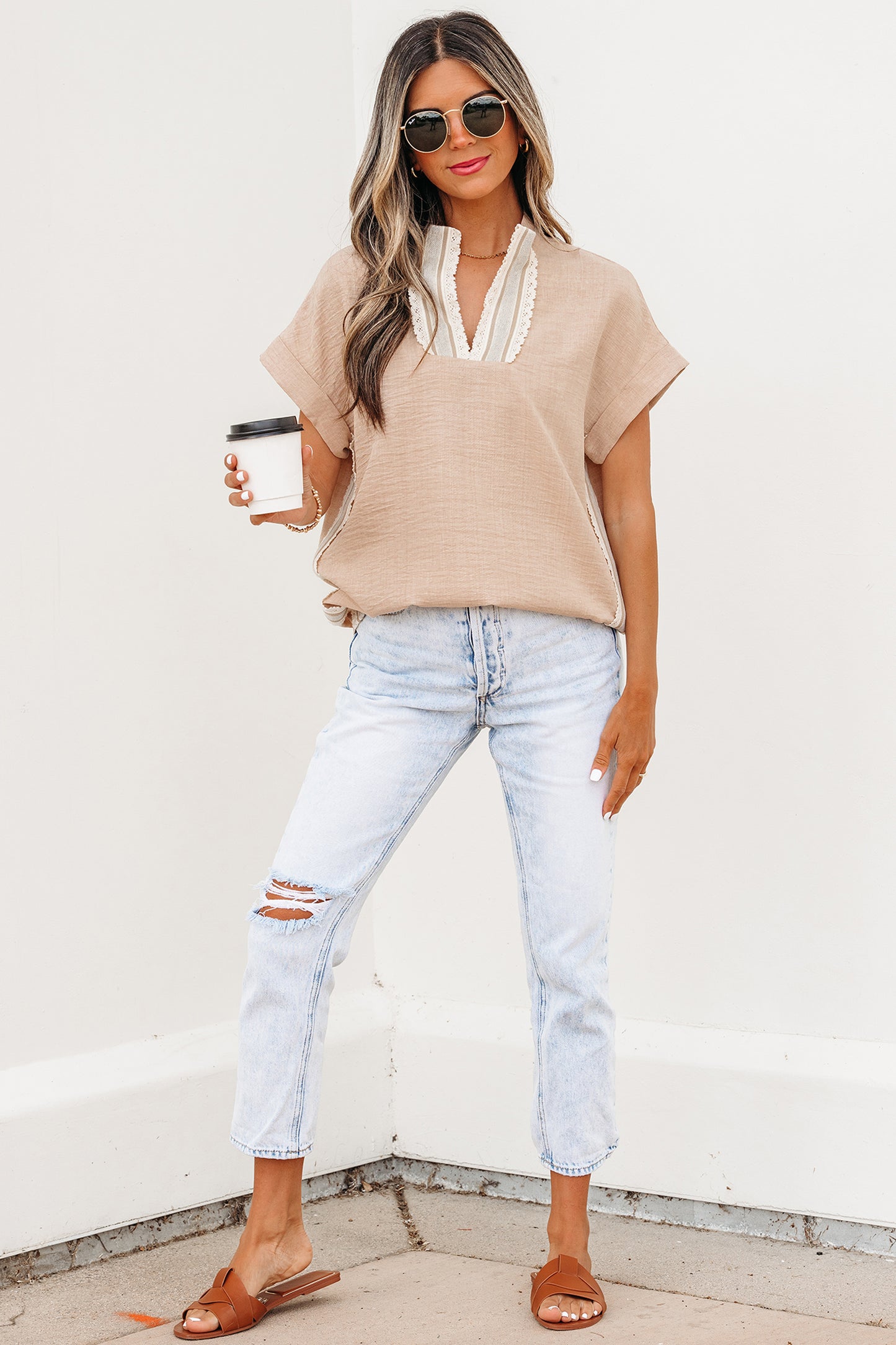Parchment Crochet Lace Accent Pullover Rolled Short Sleeve Blouse