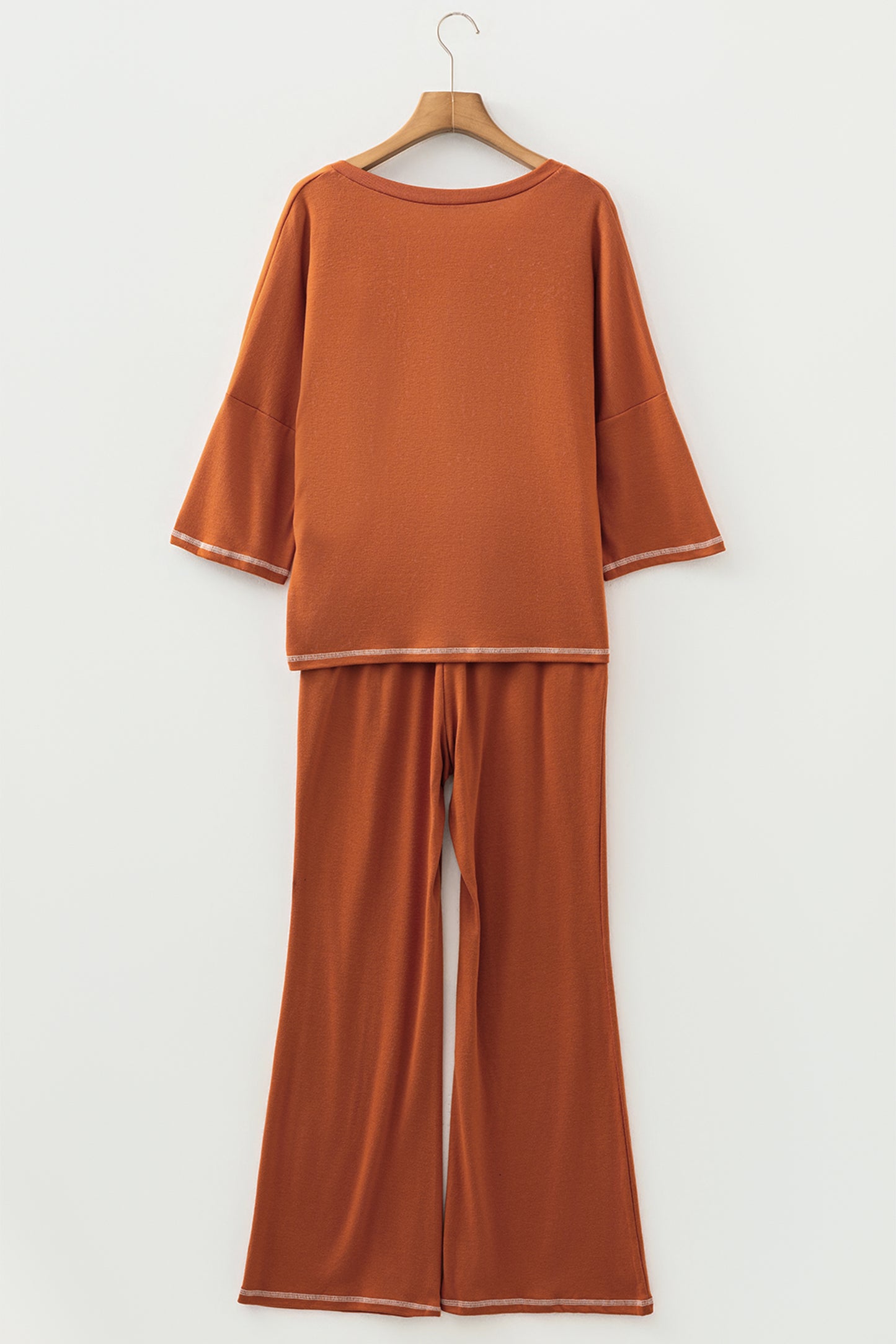 Orange Contrast Stitching Buttoned V Neck Half Sleeve Top and Drawstring Flare Pants Set