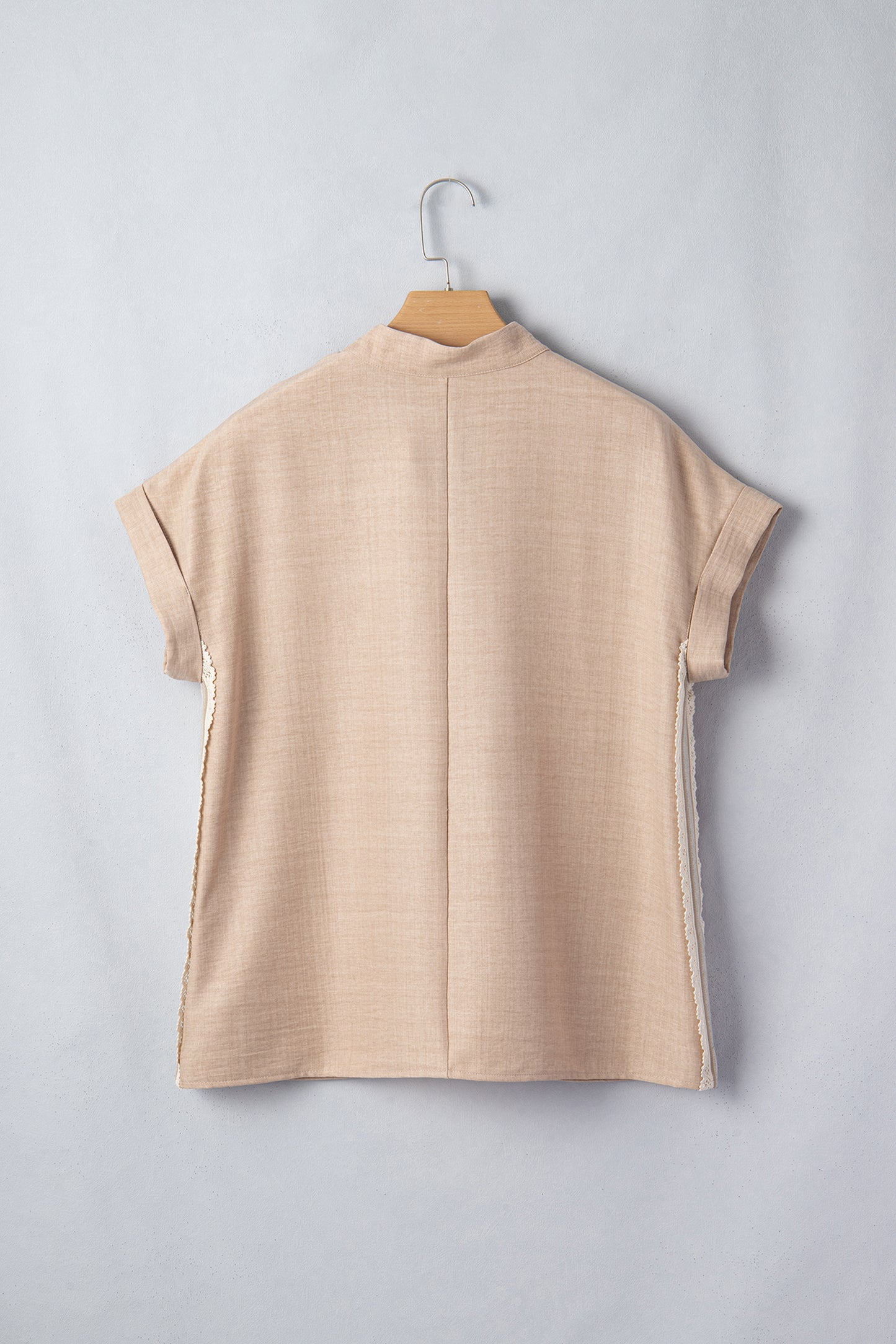 Parchment Crochet Lace Accent Pullover Rolled Short Sleeve Blouse