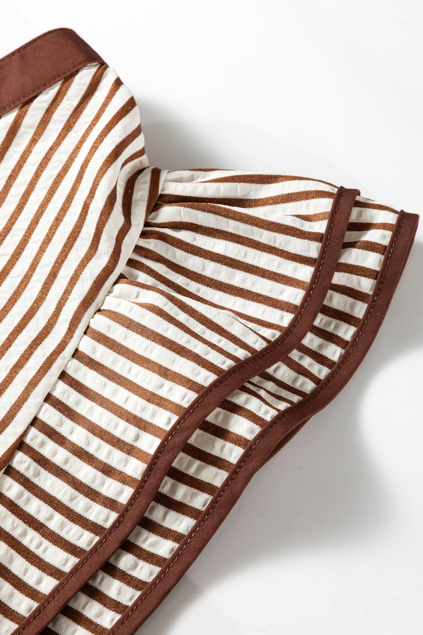 Khaki Stripe Double Ruffled Short Sleeve V Neck Blouse