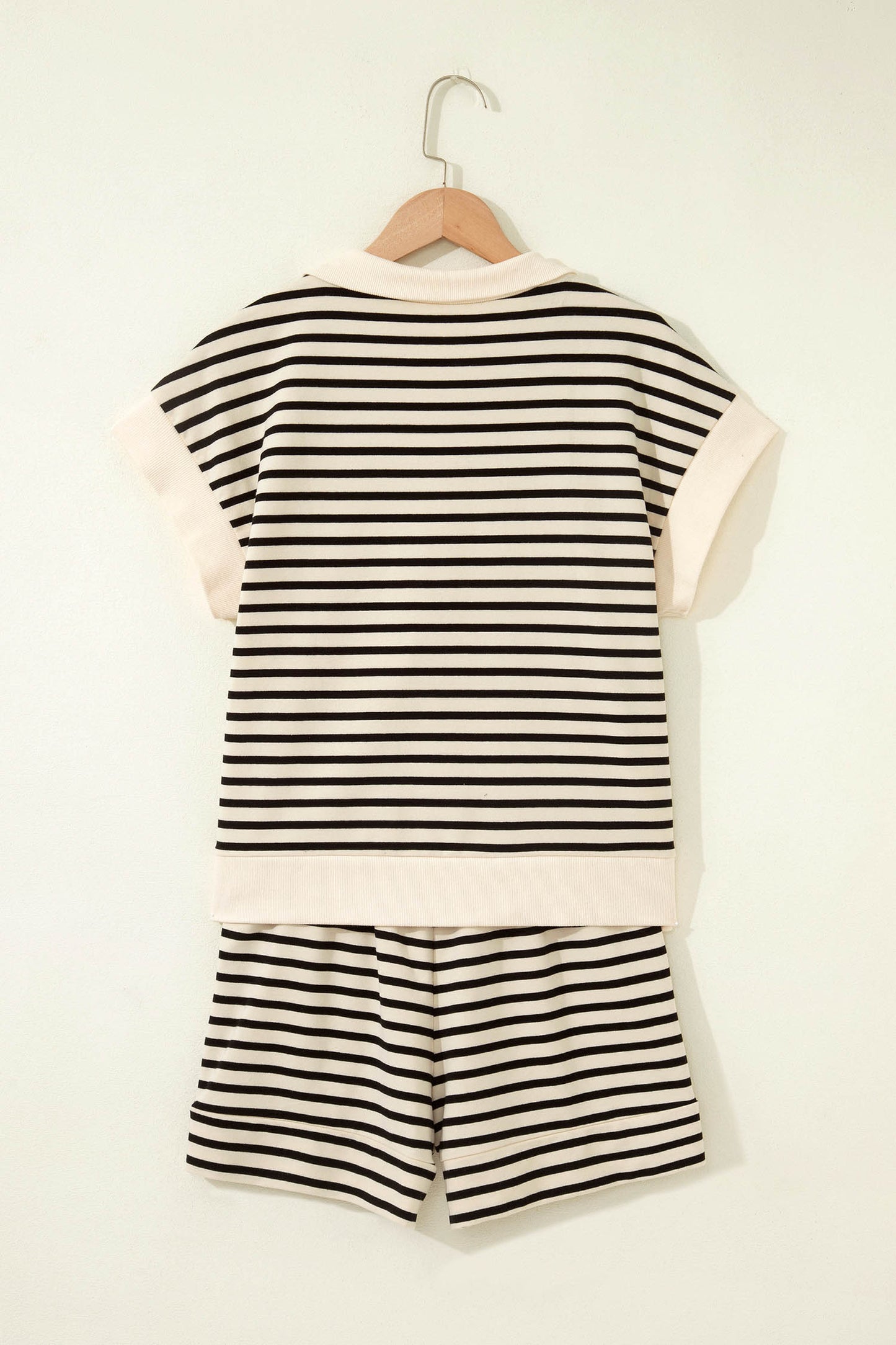 Black Stripe Ribbed Color Block Trim Zip Polo Tee Drawstring Shorts 2pcs Outfit
