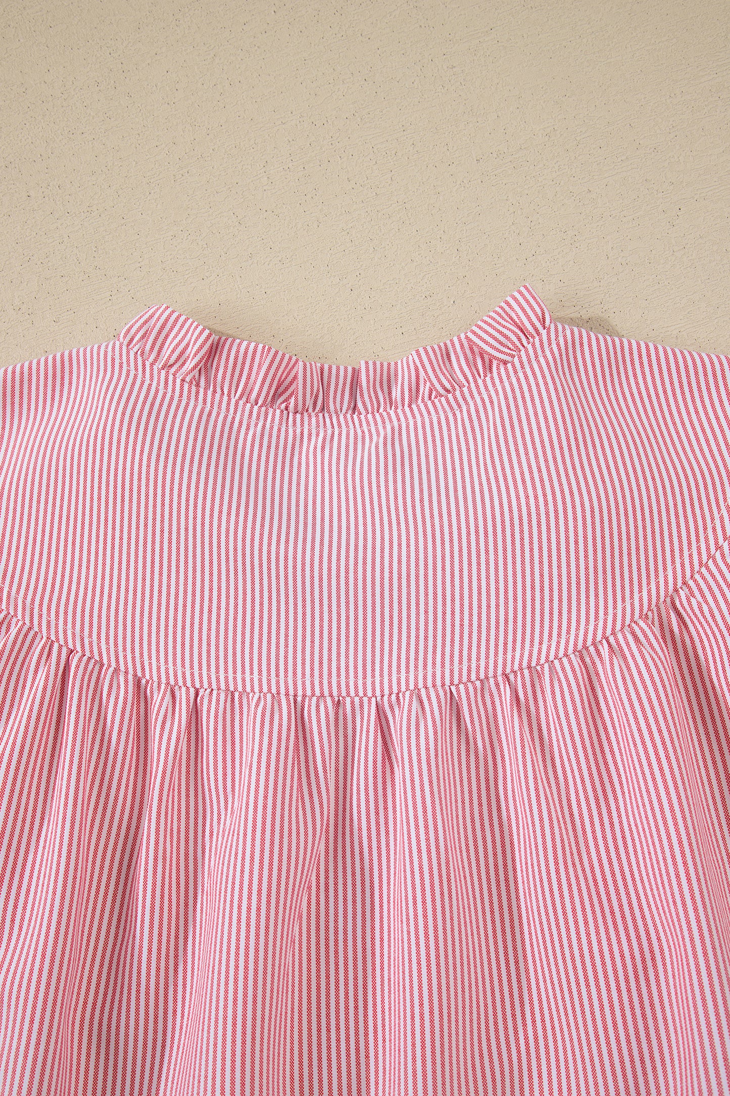 Red Stripe Frilly Split Neck Double Ruffled Short Sleeve Blouse