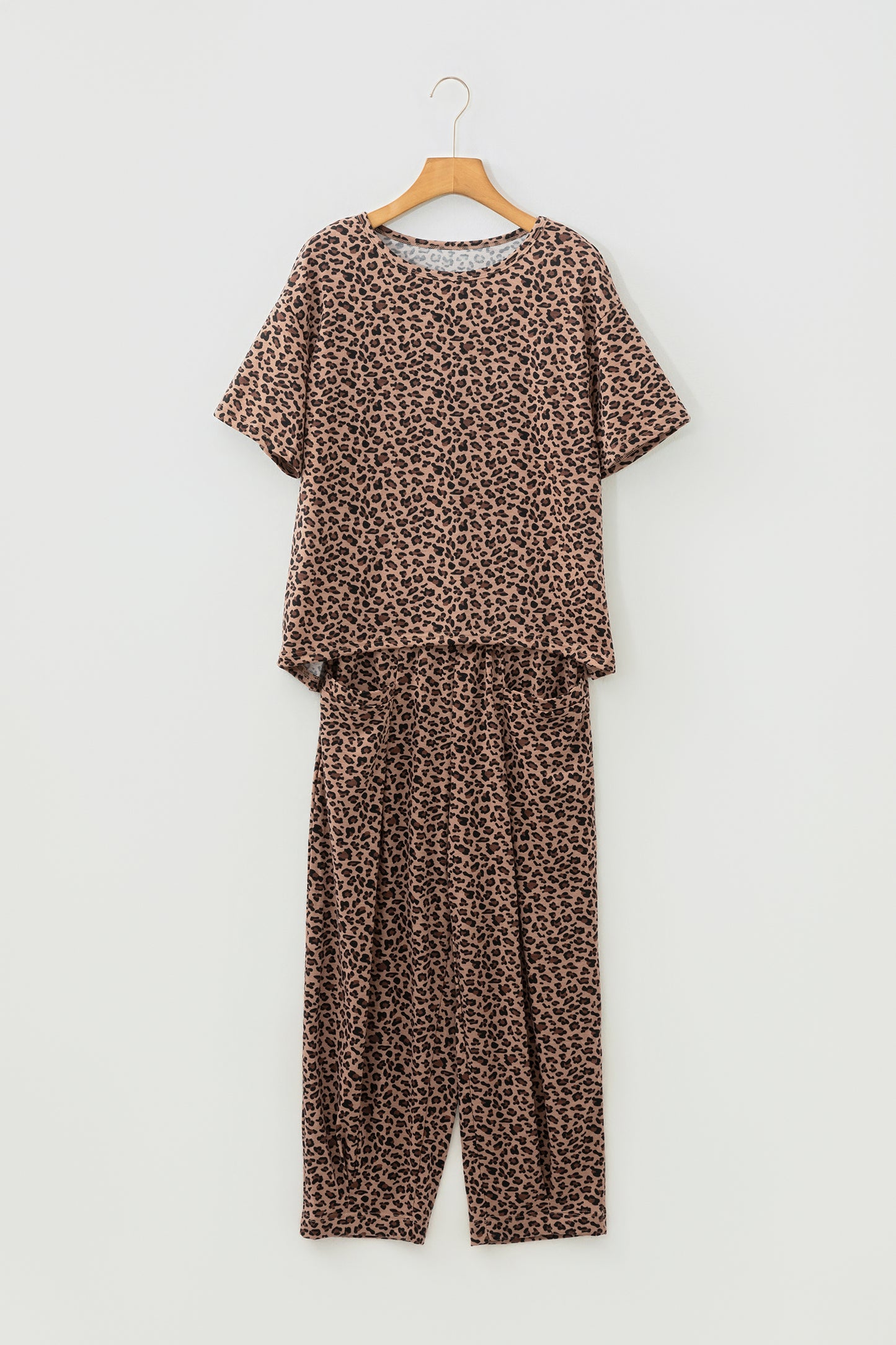 Brown Leopard High-Low Loose Tee Ankle Length Pants Set