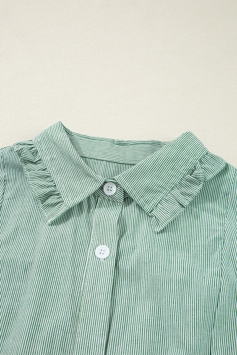 Green Stripe Frilled Sleeveless Collar Front Pocket Button Up Mini Dress