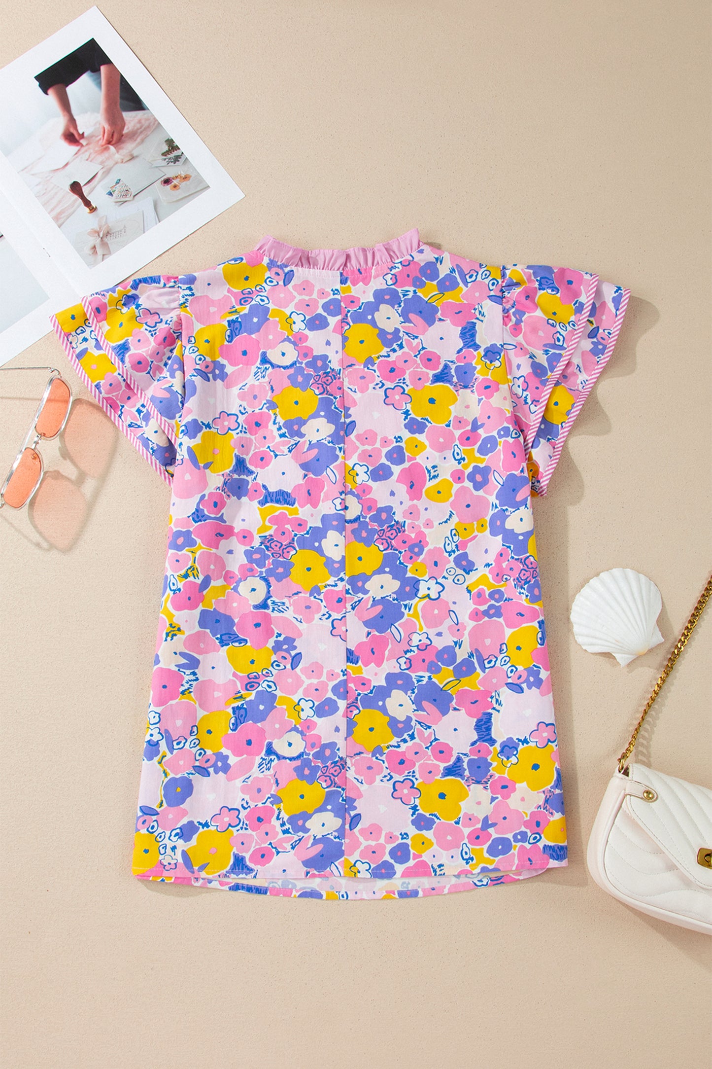 Pink Playful Floral Print Striped Color Block Patchwork V Neck Flutter Sleeve Blouse