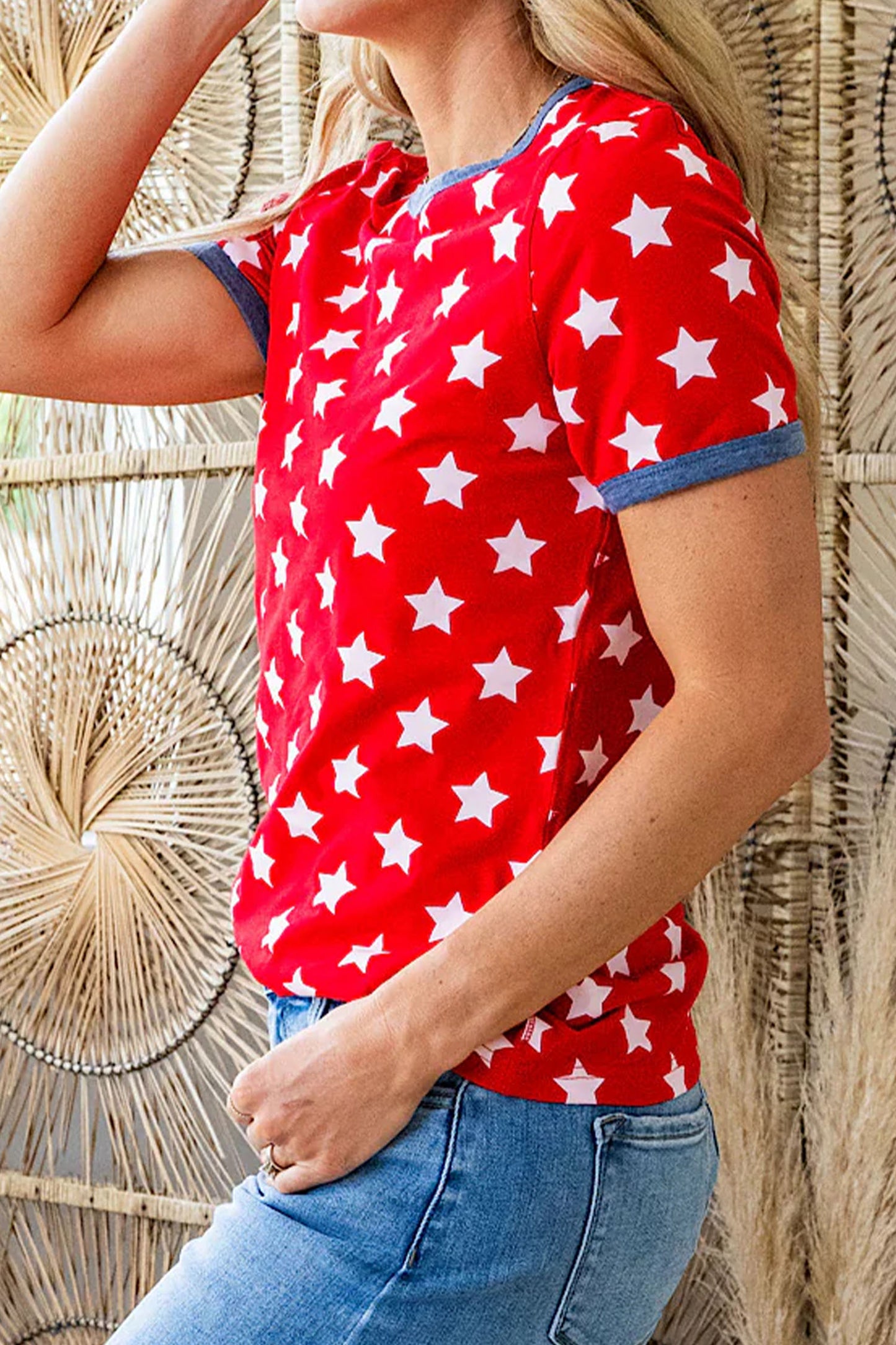 Red Stars Print Colorblock Binding Tape Collar Cuff Viscose Tunic Top