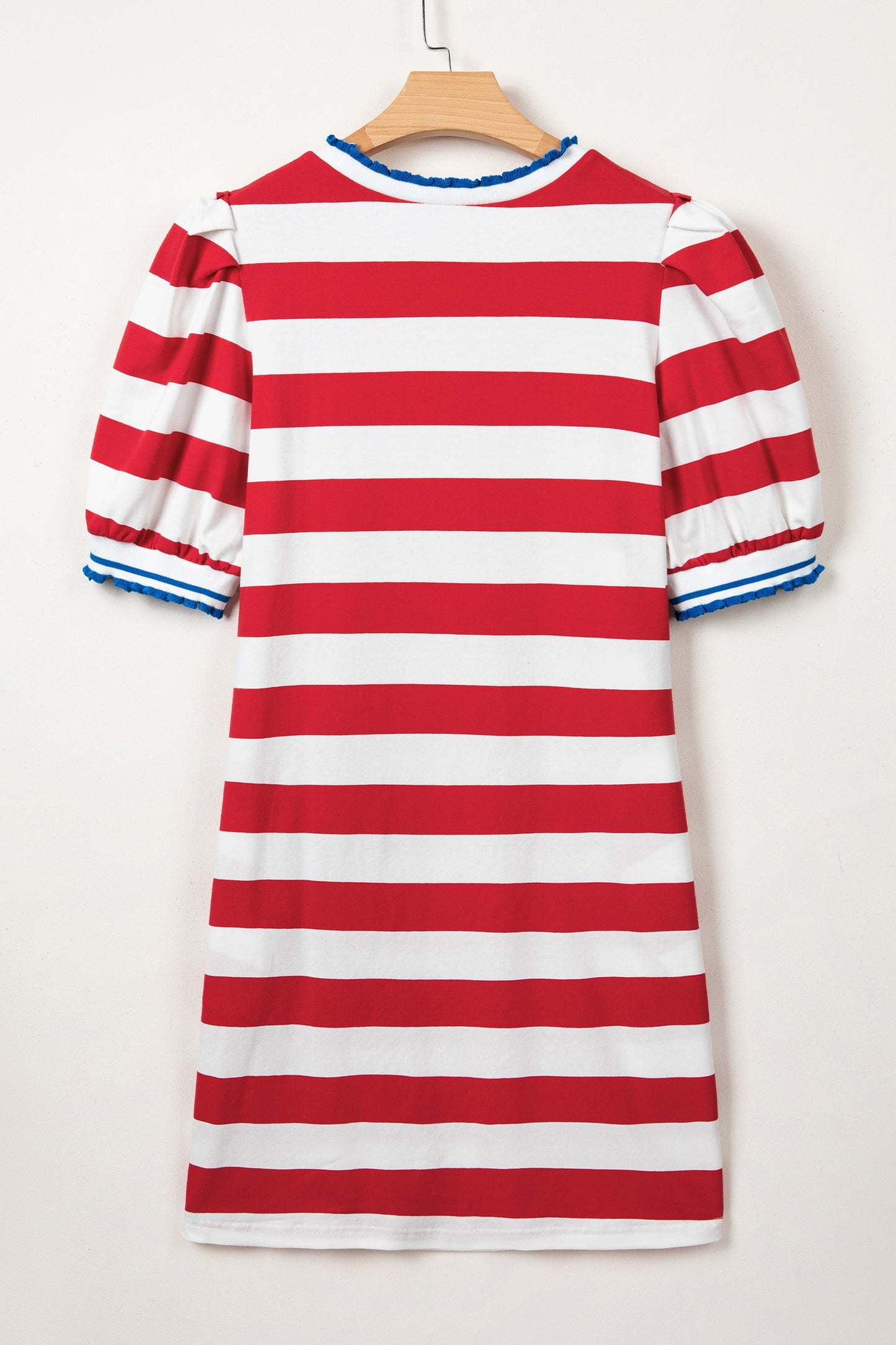 Red Stripe Contrast Trim Round Neck Short Puff Sleeve Shift Mini Dress