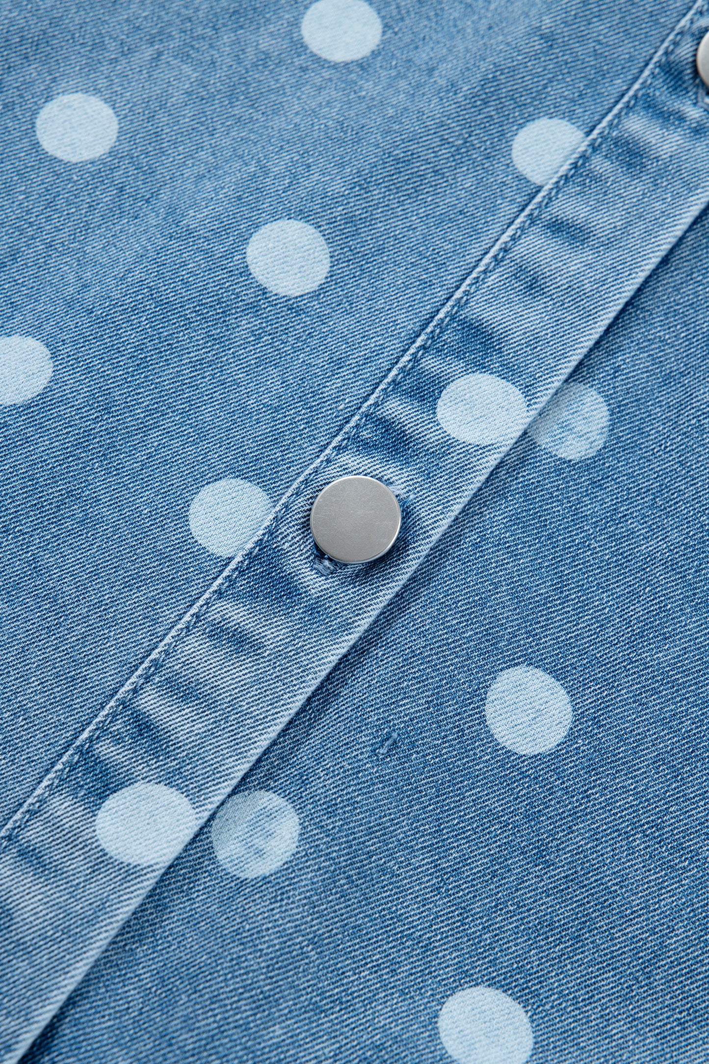 Sky Blue Polka Dot Print Ruffled Short Puff Sleeve Button Down Loose Denim Dress