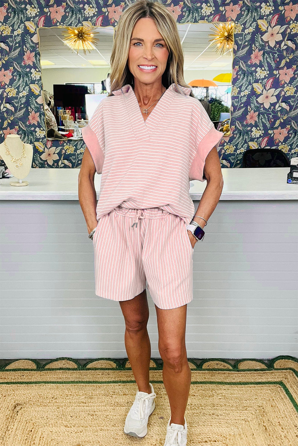 Pink Stripe Dolman Sleeve Polo Shirt and Drawstring Shorts Set