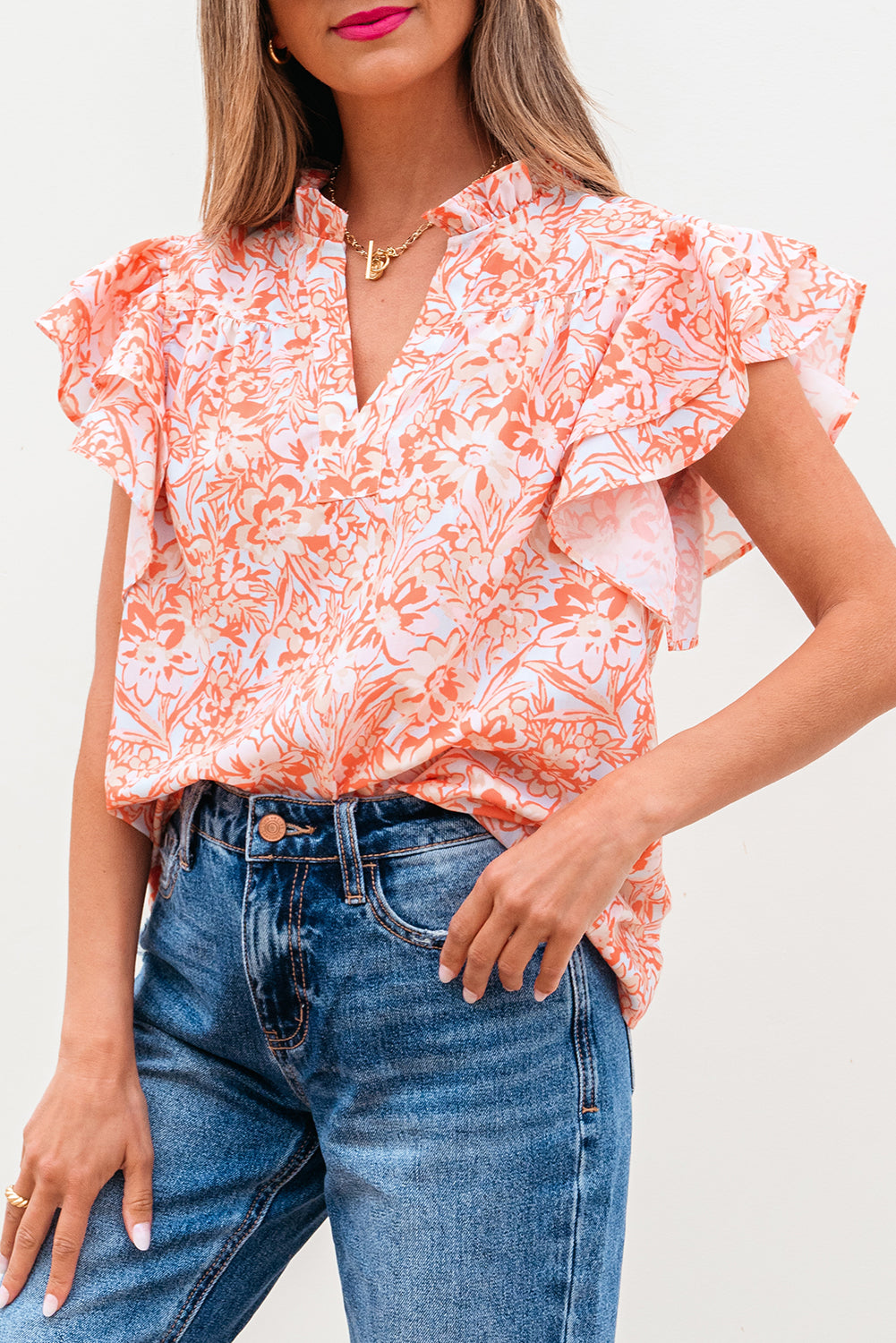 Orange Floral Ruffle Sleeve Split Neck Blouse