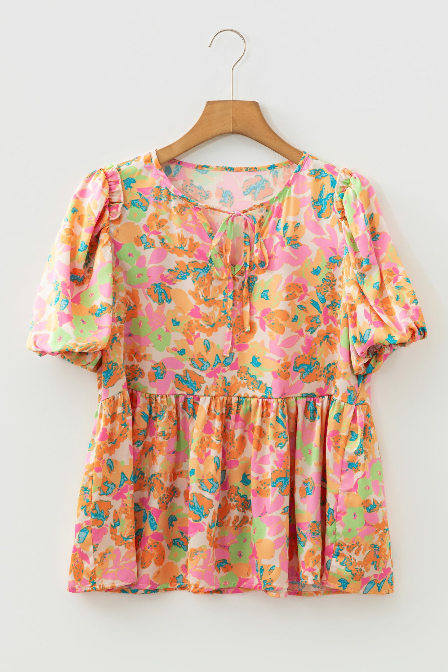 Orange Split V Neck Short Sleeve Flower Blouse