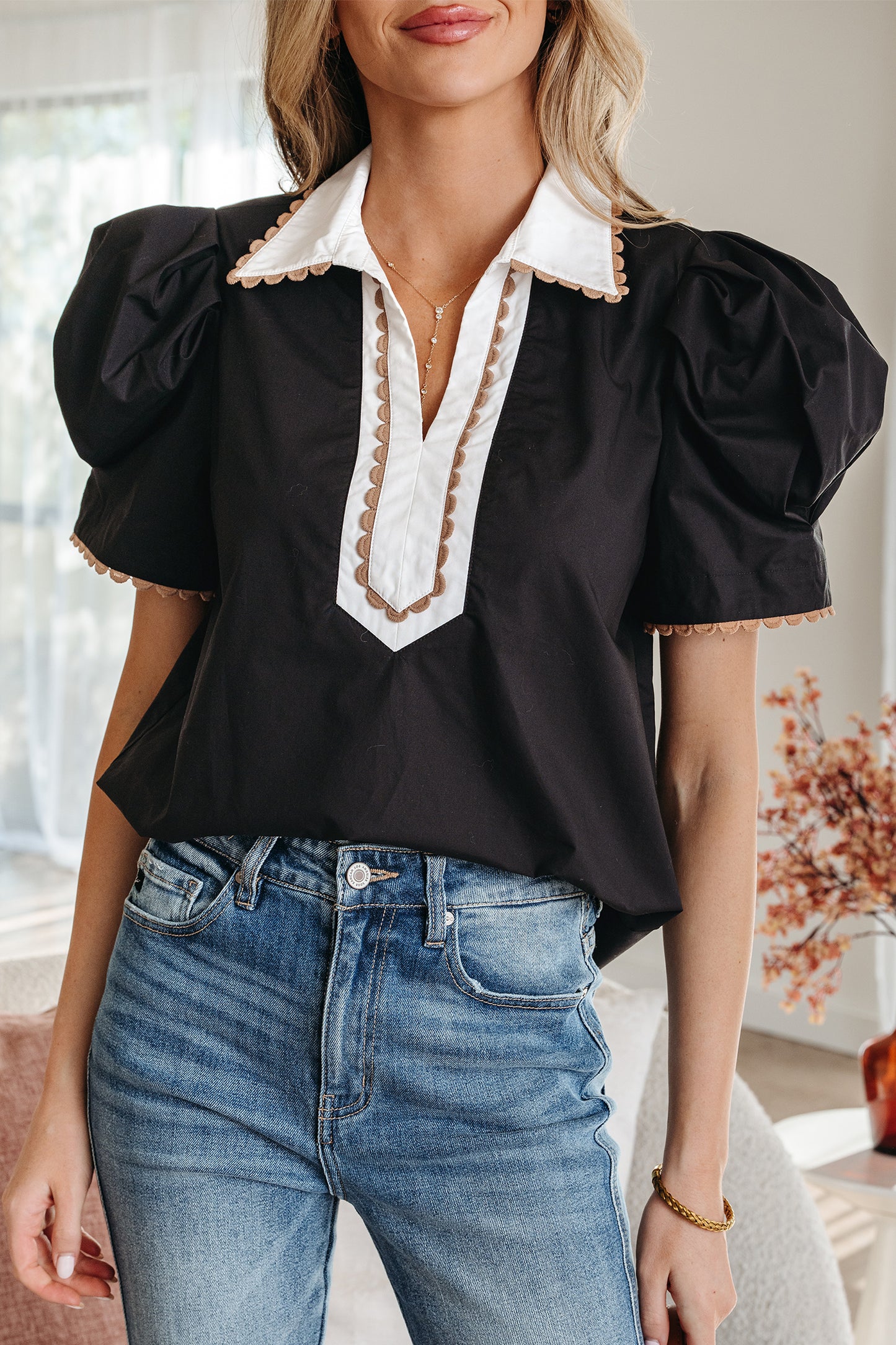 Black Ricrac Trim Color Block Patchwork Shirt Collar Short Sleeve Blouse