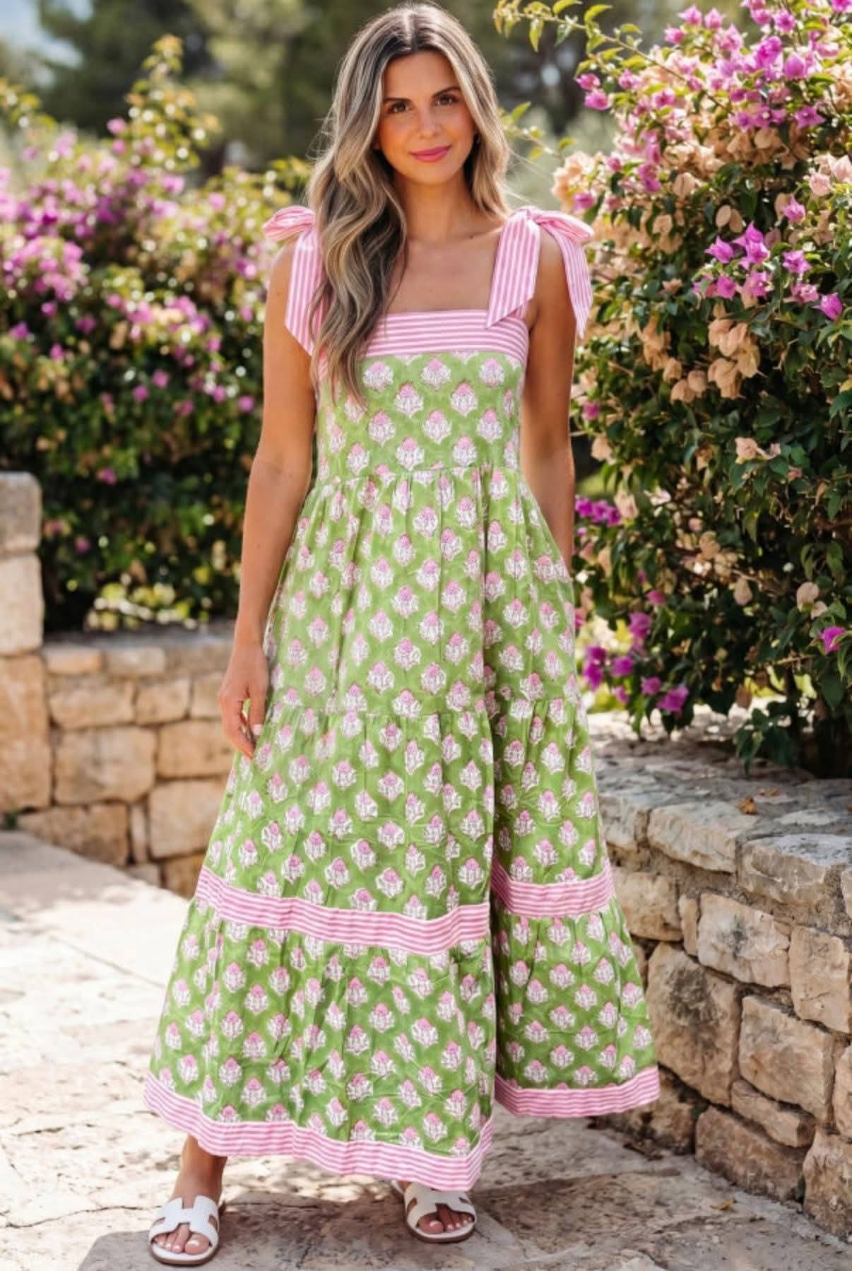 Green and pink floral bow tie strap dress